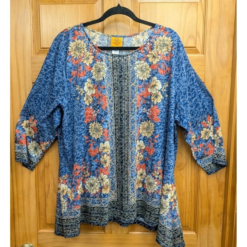 Ruby Rd Size 3X Long Sleeves High Low Hem on Sides Top Stretch Knit Pullover